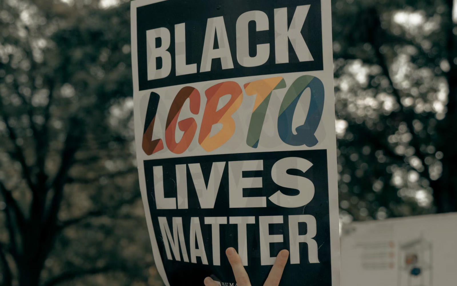 A sign in a white hand reads, "Black LGBTQ lives matter" amidst many signs held high as people march down a tree-lined street