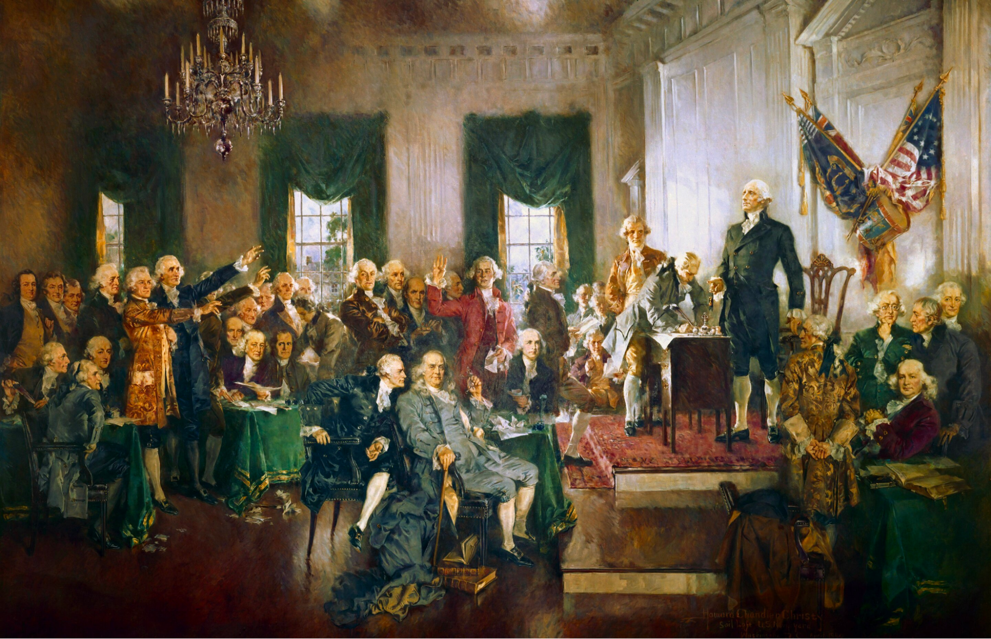 Howard Chandler's painting, "Scene at the Signing of the Constitution of the United States" - THe picture is of a room full of light-skinned, masculine-presenting people. No women, indigenous people, or Black people are present.