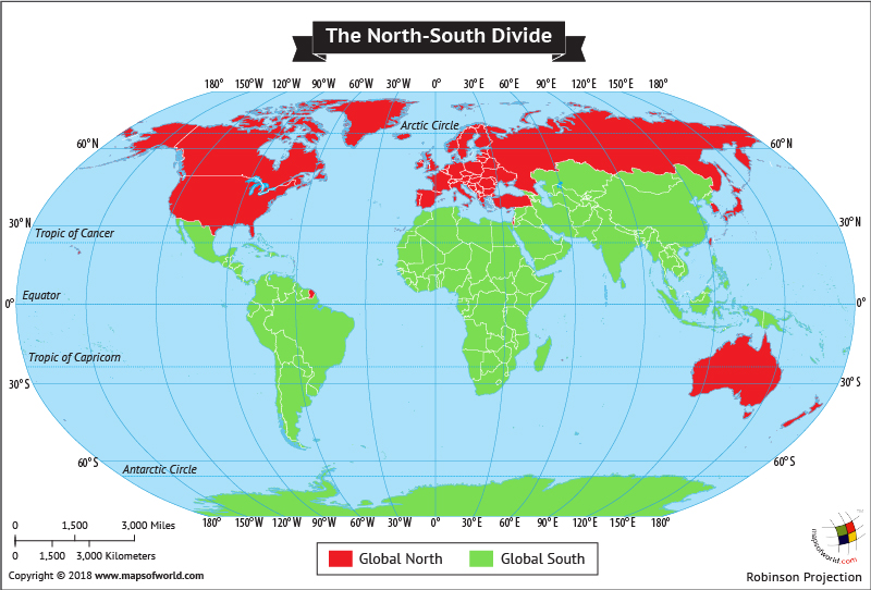 A map of the world, titled, "The North-South Divide. At the bottom of the map is a key with Red indicating "Global North, and Global South In Green. Red land masses are: Canada, Greenland, the U.S., Europe, Eurasia, Australia, and New Zealand . Green land masses are: Mexico, Central and South America, Africa, Asia, the Pacific Islands and Antartica.