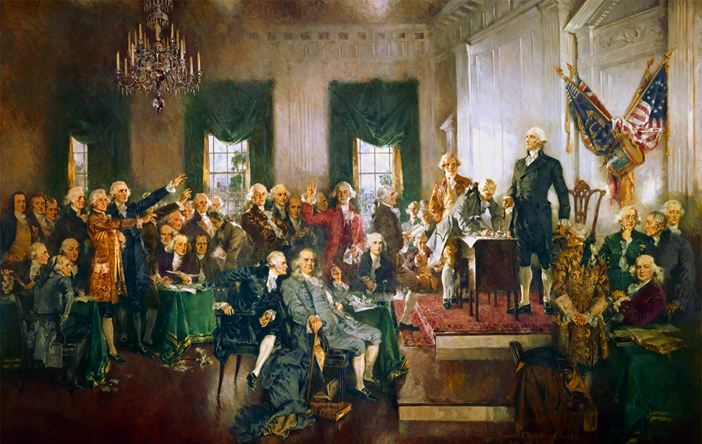 Founding Fathers Howard Chandler's painting, "Scene at the Signing of the Constitution of the United States" - THe picture is of a room full of light-skinned, masculine-presenting people. No women, indigenous people, or Black people are present.