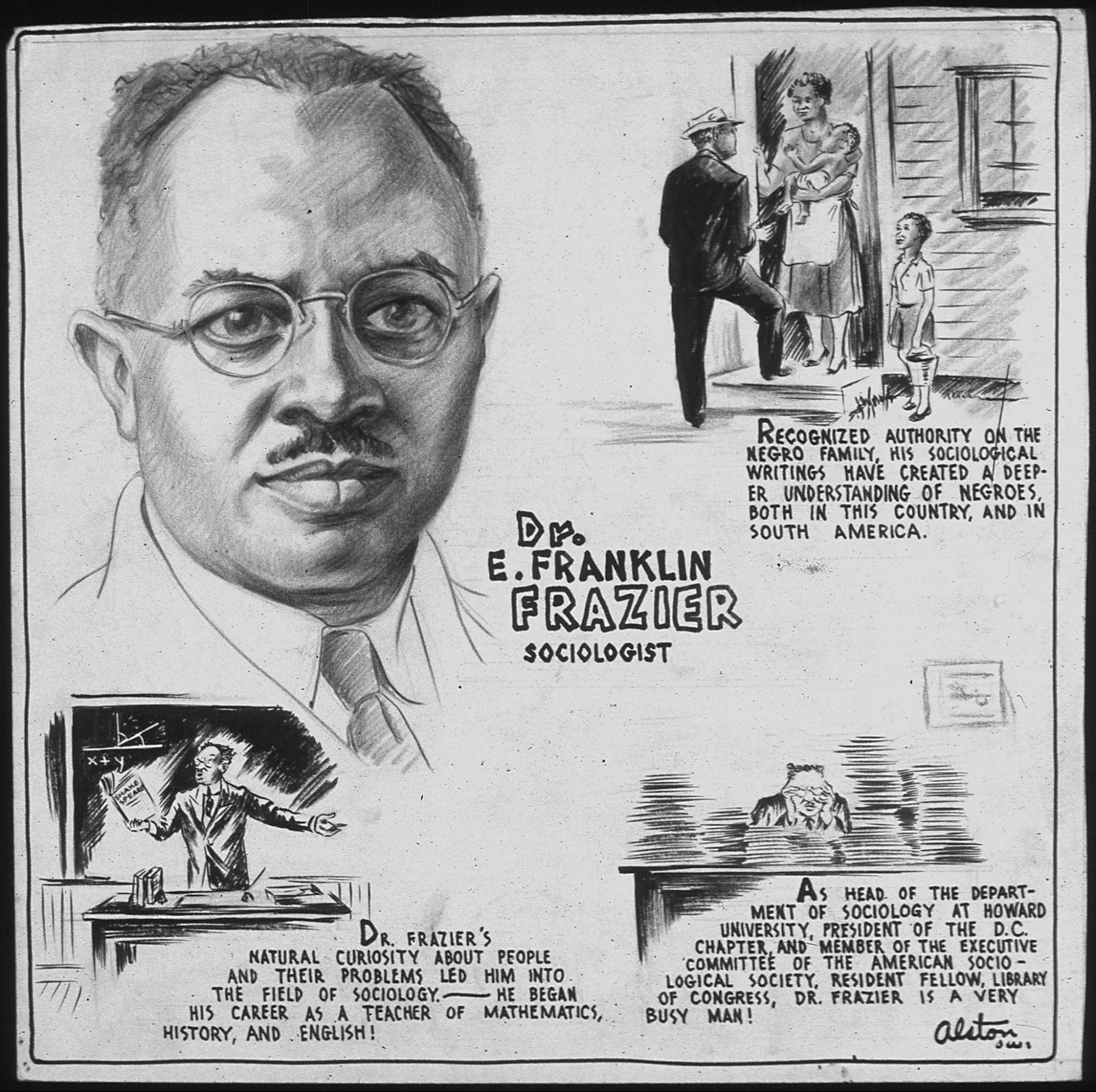 Black and white illustration highlighting Dr. E. Franklin Frazier's history and accomplishments.