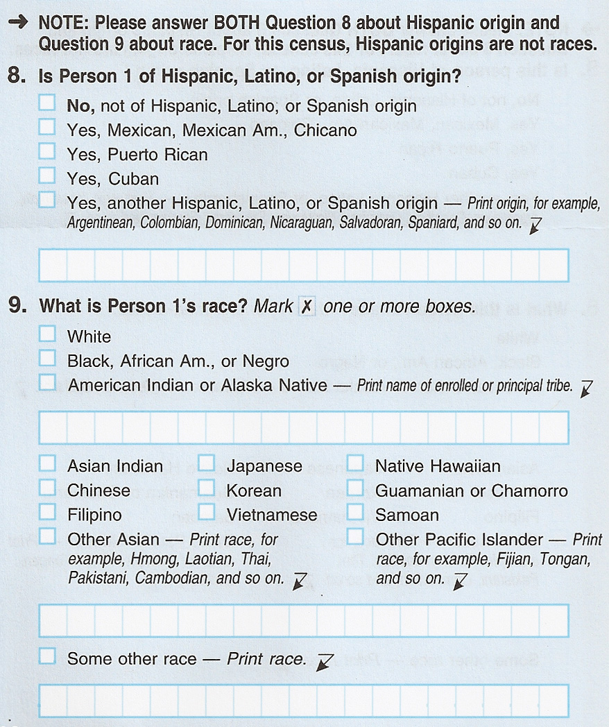 A screen shot of a section of census form demonstrating how the government defines race.