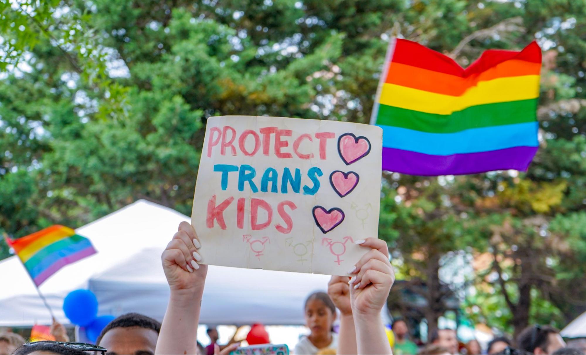 A photo of a proterster's hands holding up a sign that says "protect trans kids" amid rainbow flags.