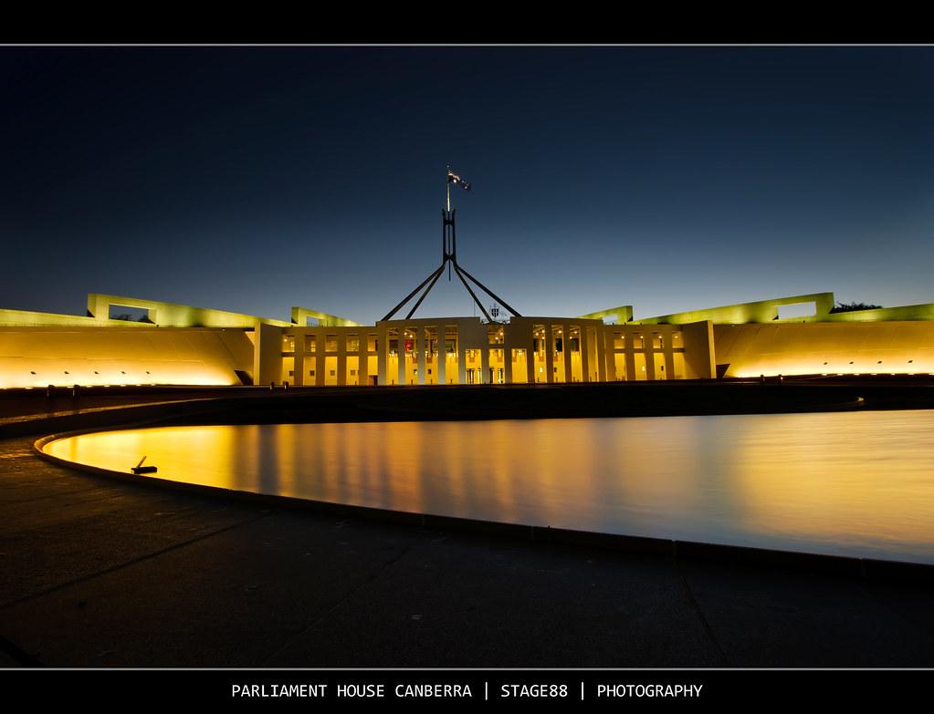 Nighttime view of lighted building