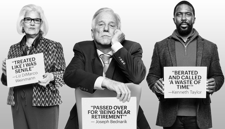 Three well-dressed older adults hold signs: "Treated like I was senile" - Liz DiMarco Weinmann; "Passed over for 'being near retirement'" - Joseph Bednarik; "Berated and called 'a waste of time'" - Kenneth Taylor.