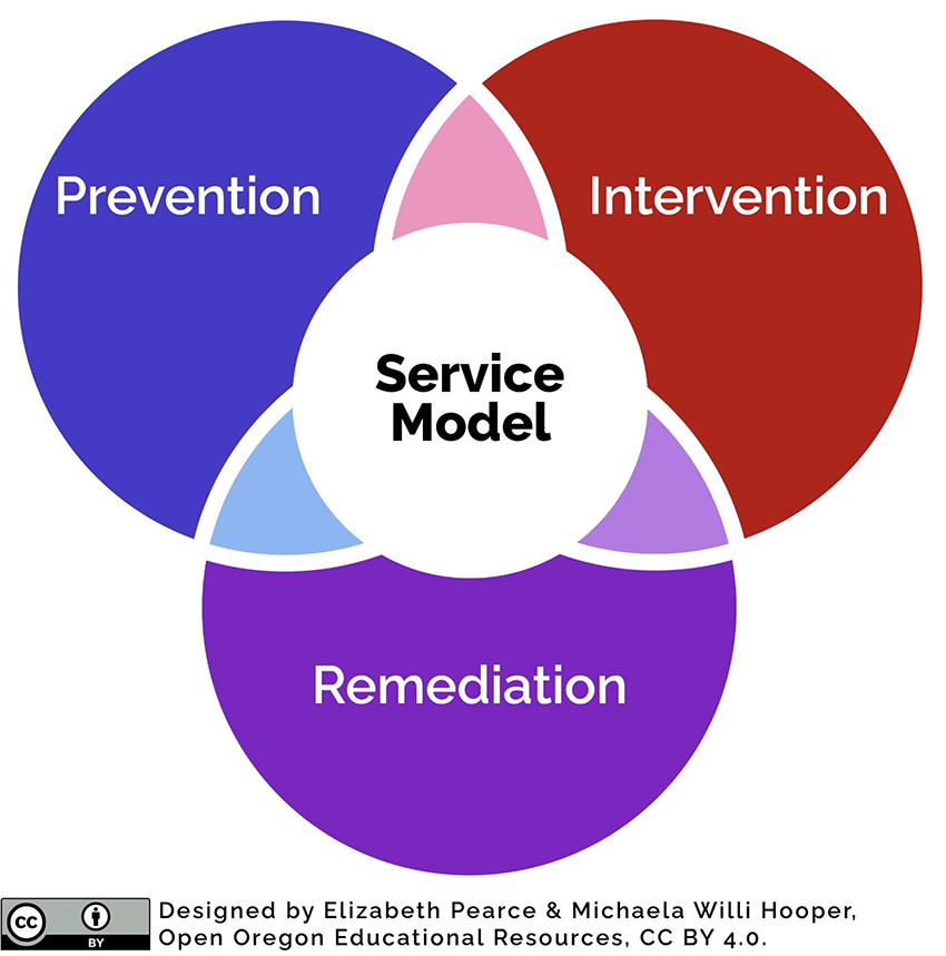 A colorful Venn diagram demonstrating the stages of helping people in the service model.