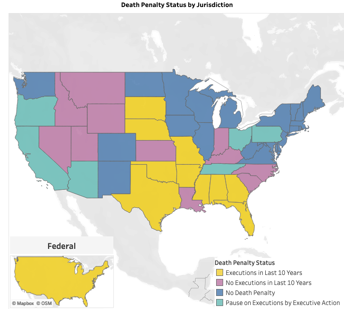 A map of the United States showing death penalty status by state