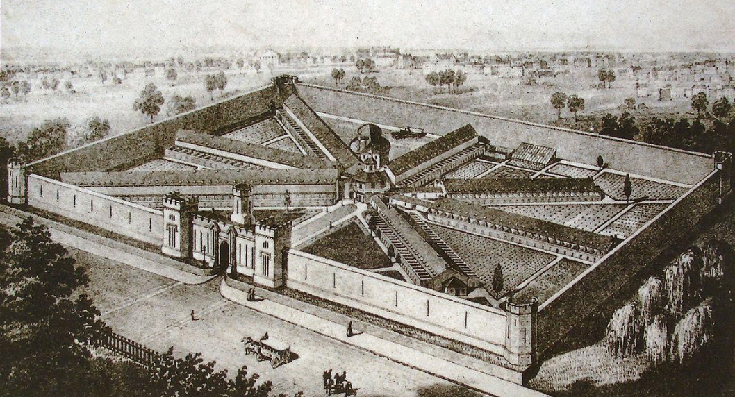 An overview image looking down on the State Penitentiary for the Eastern District of Pennsylvania, 1855.