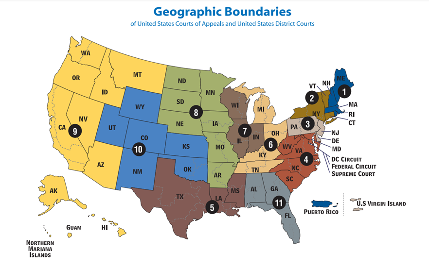There are 11 geographical jurisdictions of the US Court of Appeals. They are organized by State. Oregon is in the 9th district with California, Nevada, Arizona, Idaho, Washington, and Nevada.