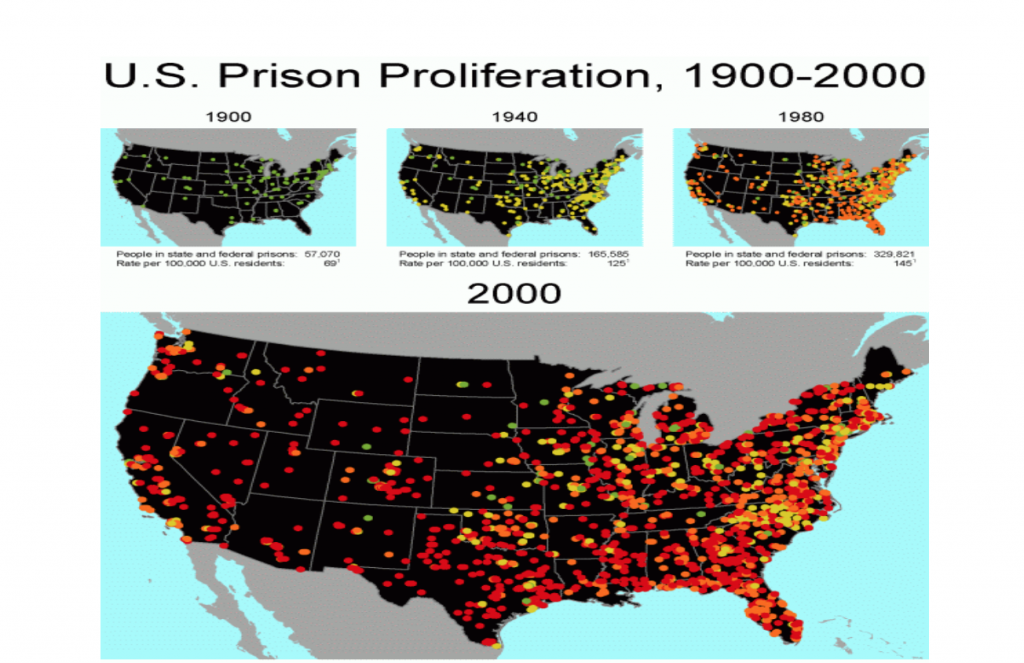 Four different maps of the U.S., one from 1900, 1940, 1980 and 2000, each showing the U.S Prison Proliferation. Prisons have increased over time.