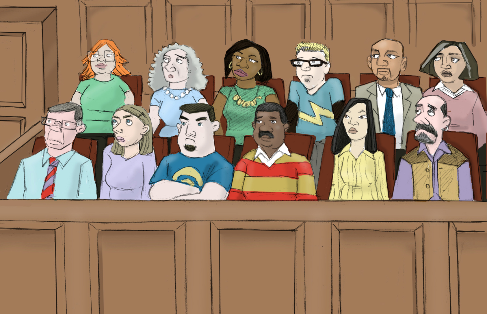 Cartoon of diverse people sitting on a jury and looking very serious.