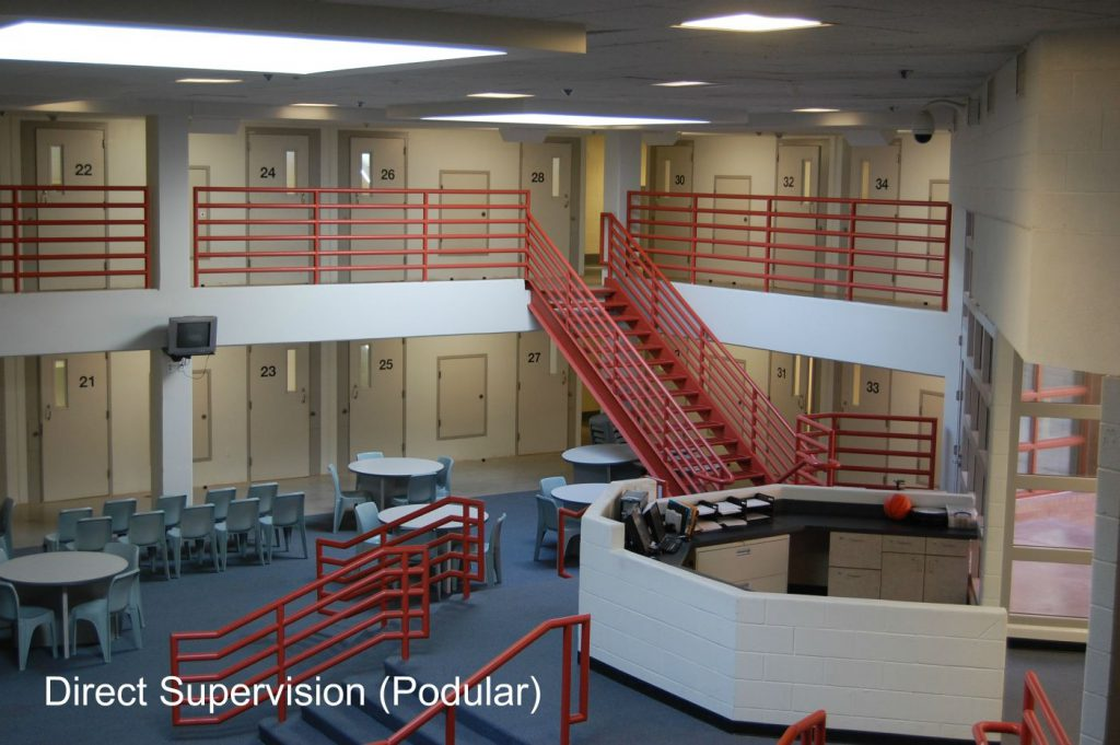 A photo of a Podular Designed Pod in which the officer’s operational booth or desk is open to access the common area, and the doors of the cells surround and open to the shared space.