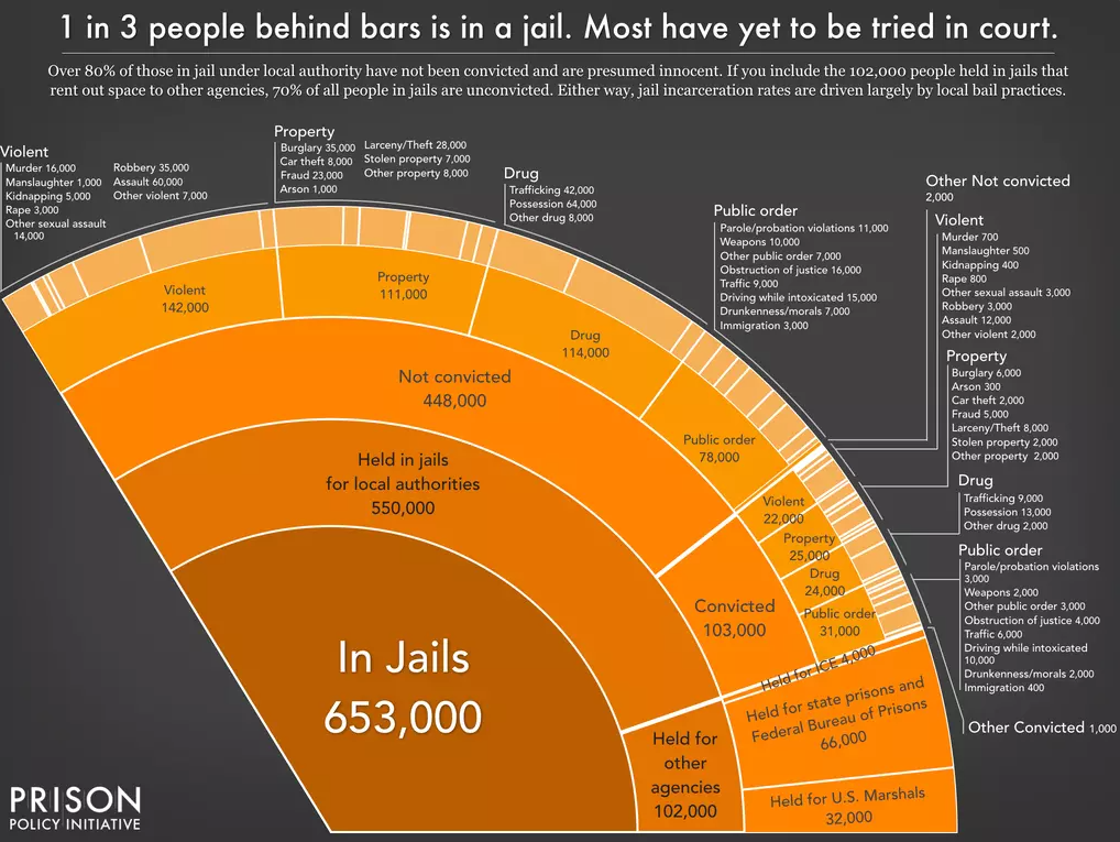 A pie graph, from the Prison Policy Initiative, breaking down the various individuals held within the Jail population by charge categories, convicted and not convicted and by local and other agency.