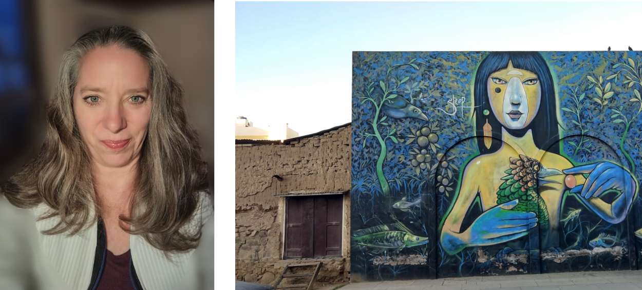 Left, portrait of lead author Aimee Samara Krouskop. Right, photo of Cochabamba, Bolivia mural by Ecuadorian artist Steep, depicting a scene from the Amazon jungle where humans, exotic birds, and plants live in harmony.