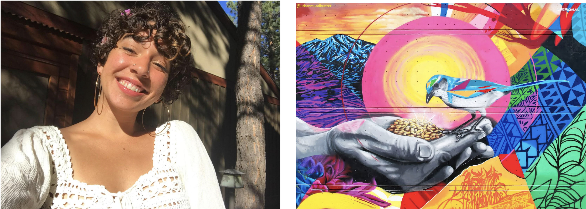 Left, portrait of contributing author Avery Temple. Right, image of a mural by @biltslouisart: 'Feeding a Bird.'