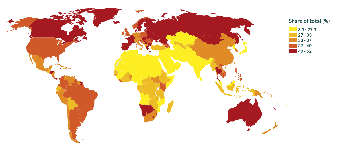 map of the globe with countries colored by female labor income share; description available