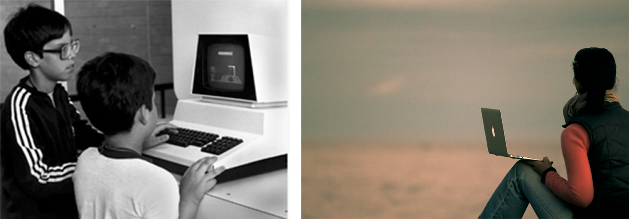 Two photos comparing size of personal computers from and early Apple Commodore to a MacBook.