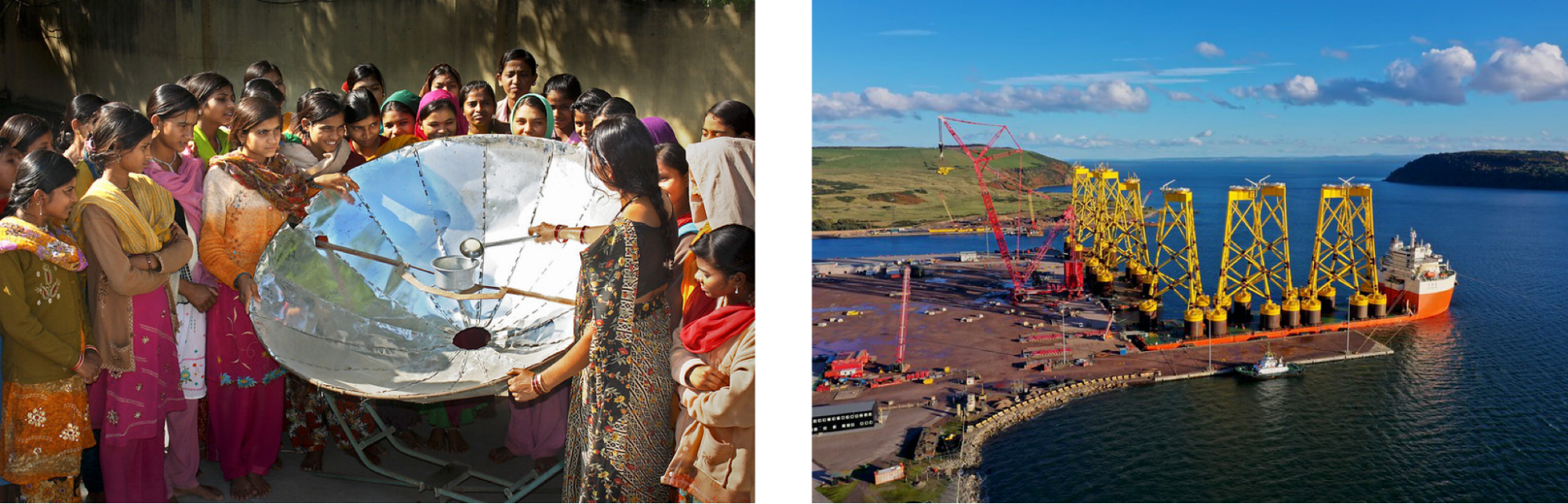 left, A group of dark haired women in colorful dress cooking on solar disk. Right, Large yellow wind turbines near the ocean.