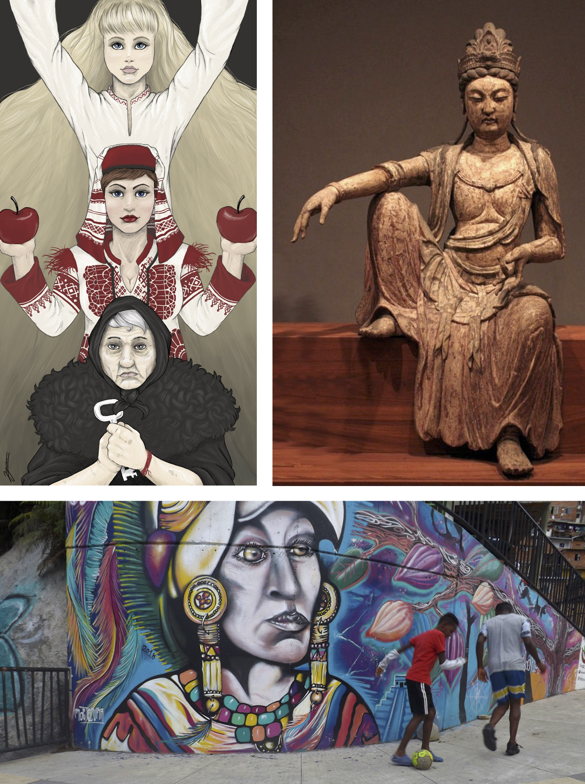 top left, an image of three women that appear of nordic descent, top right, a wood carving of a female deity with a crown, sitting with her elbow to her raised knee. bottom, Kids playing in front of a colorful mural