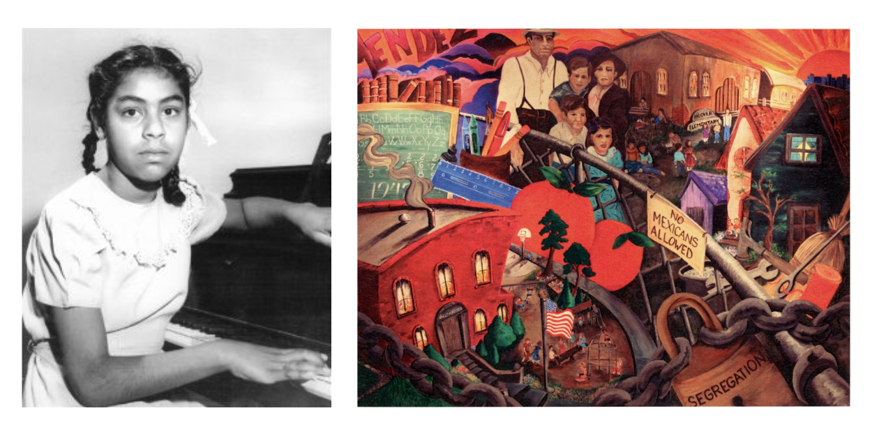 A young girl with dark skin sitting at a piano, along with a colorful mural depicting the segregation of Mexican children in schools.