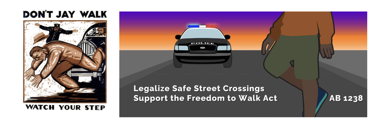 (left) a poster shows a drawing of a man tripping into the street, with a police car and a gesturing police officer behind him. (right) a poster that shows a drawing of dark skinned person crossing the street with a police car approaching
