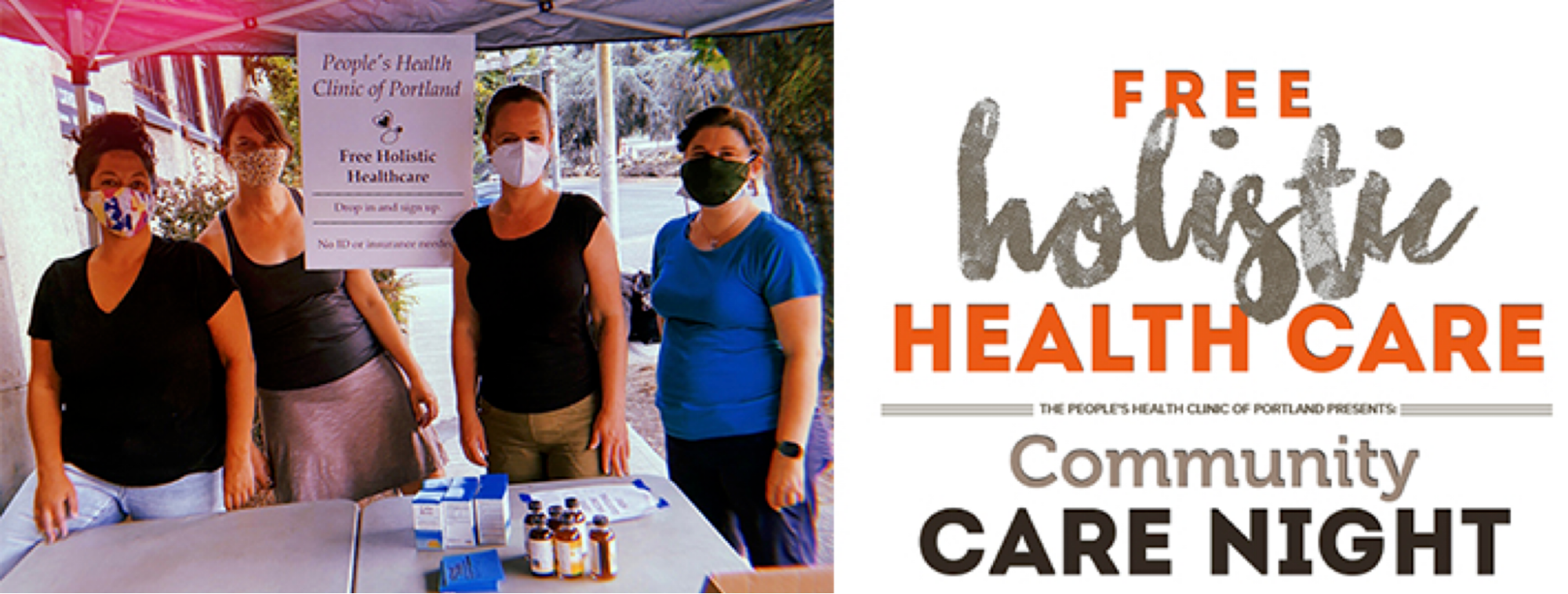 Left four people with protective masks standing at table with boxes and bottles. Right flyer from Free holistic health care community care night.
