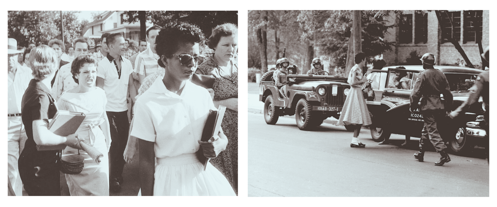 Black and white photos. A young dark skinned woman with books with a group of white people behind her. A dark-skinned woman with National Guard walking near.