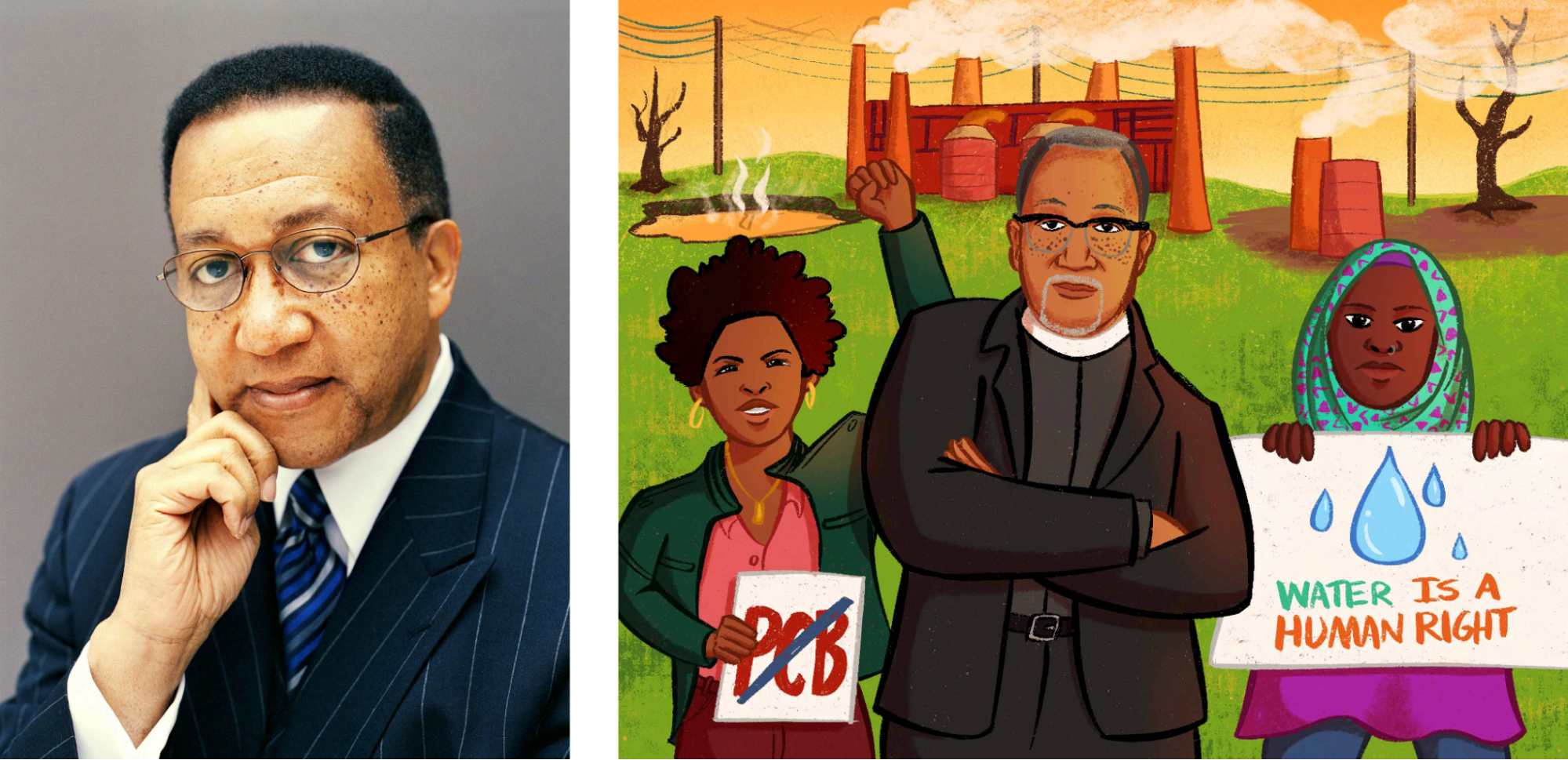 Left portrait of medium dark skinned man in suit. Right illustration of same man with dark skinned woman with no PCB sign and other dark skinned woman with head scarf and sign Water is a Human Right.