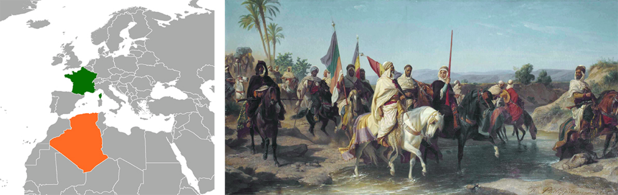 map of north Africa and Western Europe with colors indicating Algeria and France. painting of people riding war horses and carrying flags.