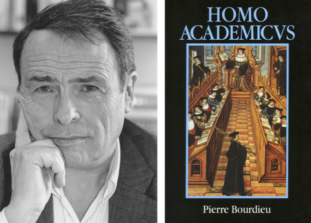 A middle-aged white man faces the camera with his index finger resting on his cheek, and the cover of the book Homo Adacemicus by Pierre Bourdieu.