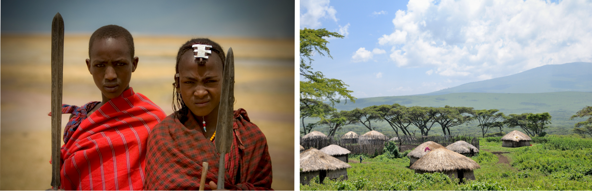 Two young people with dark skin wear red cloth by a verdant village with thatch roofs.