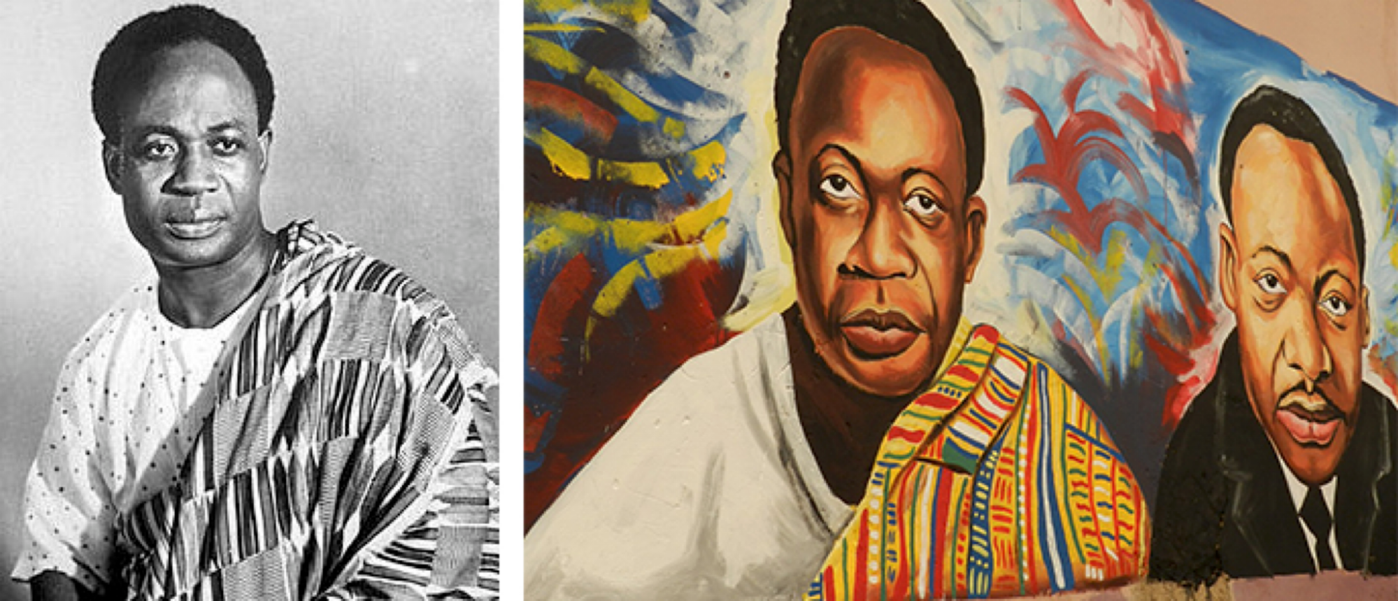 Left, a black and white portrait photo of a dark skinned man with a wrap over his shoulder. Right, a mural that depicts the same man, same wrap sitting beside Martin Luther King.
