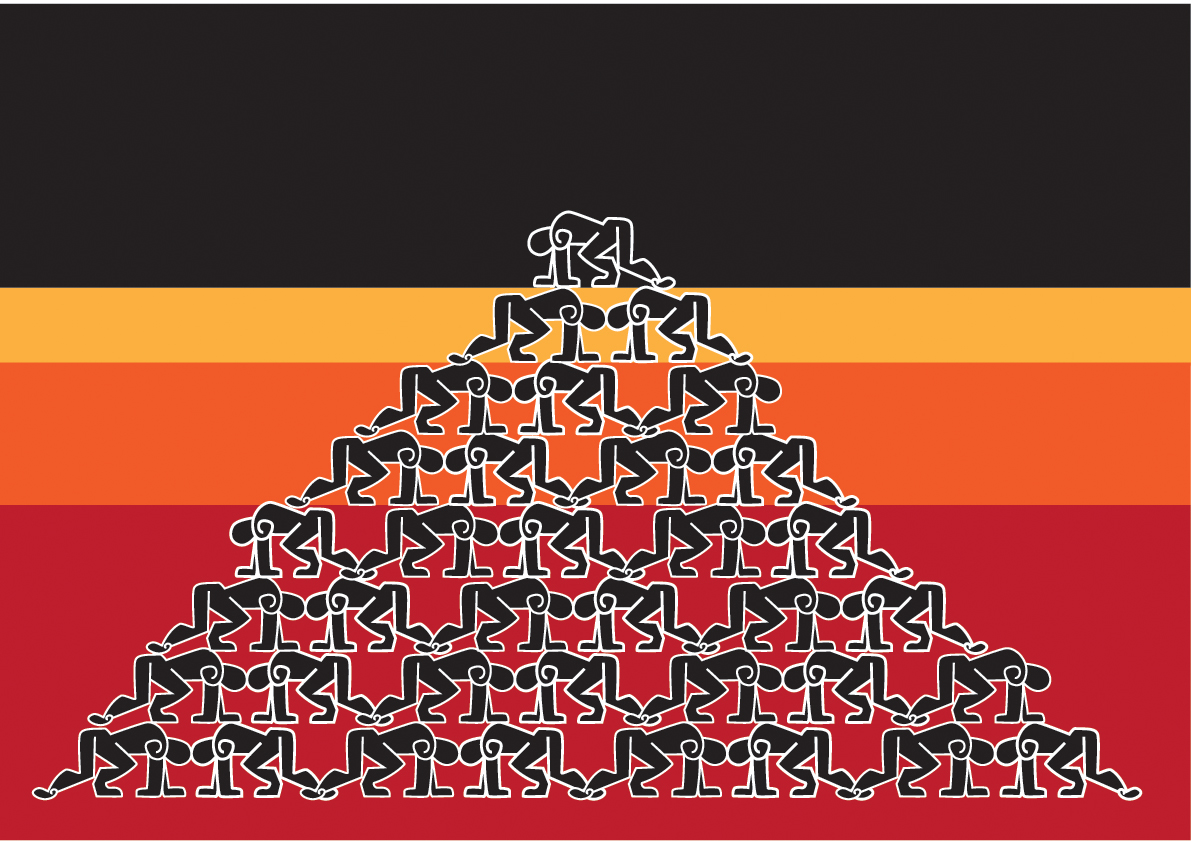 Image of people crouching on top of one another to form a pyramid.