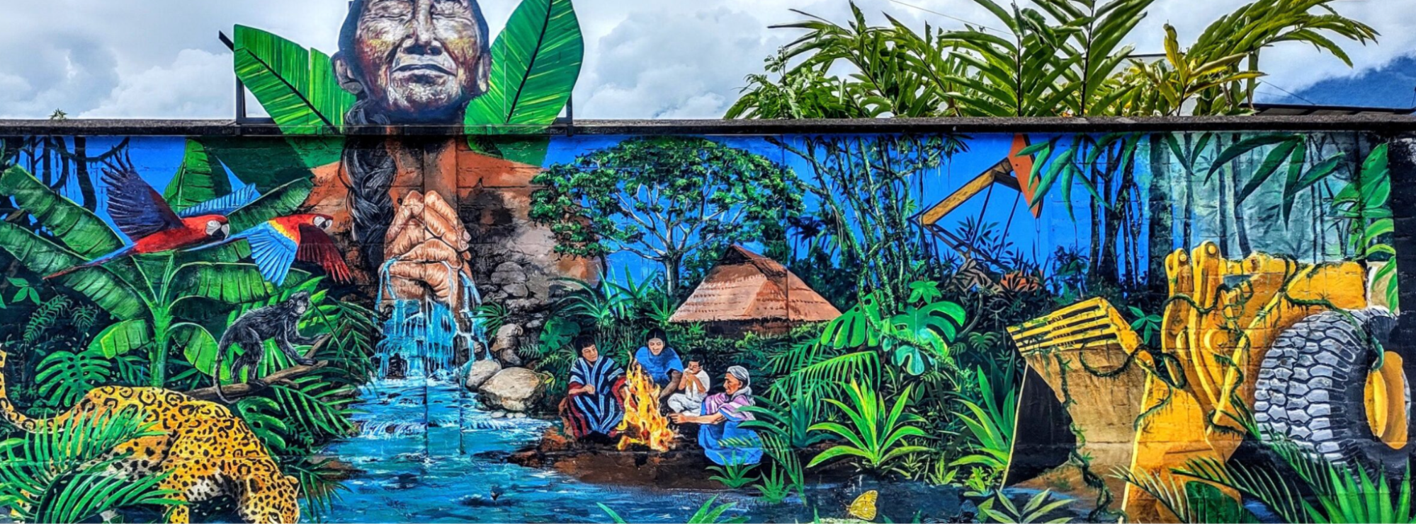 A colourful mural painted on a wall depicting images representing biodiversity