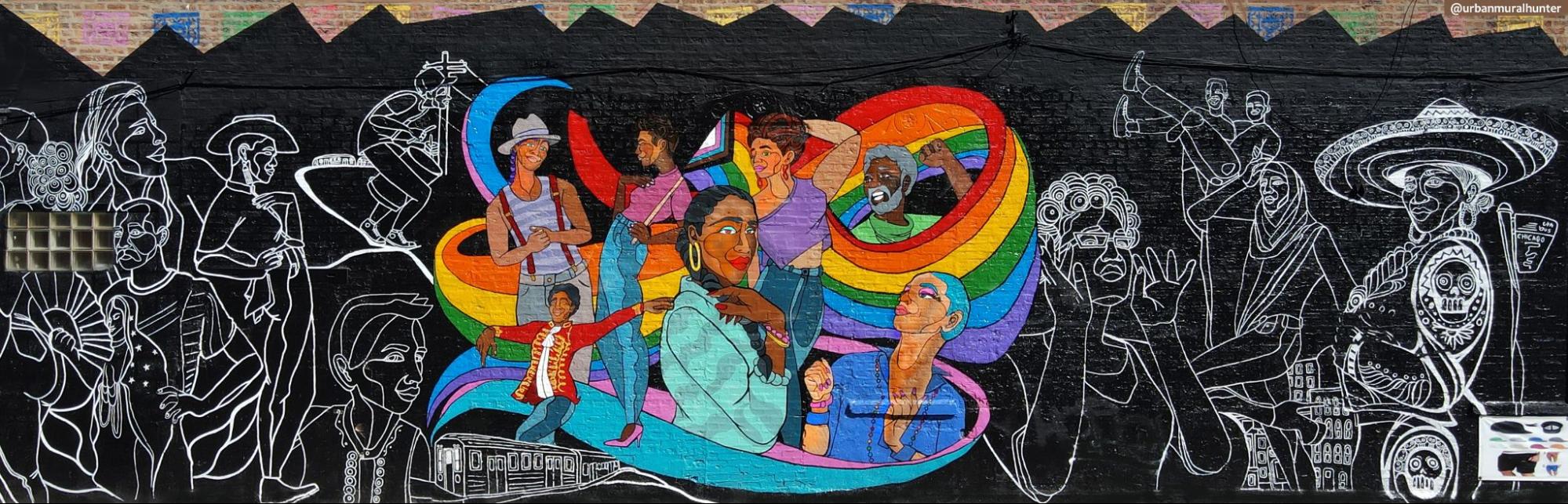 a mural, with many drawn images of people. Illustrations on the end are black and white, illustrations in the middle are in full color with a rainbow flag behind them.