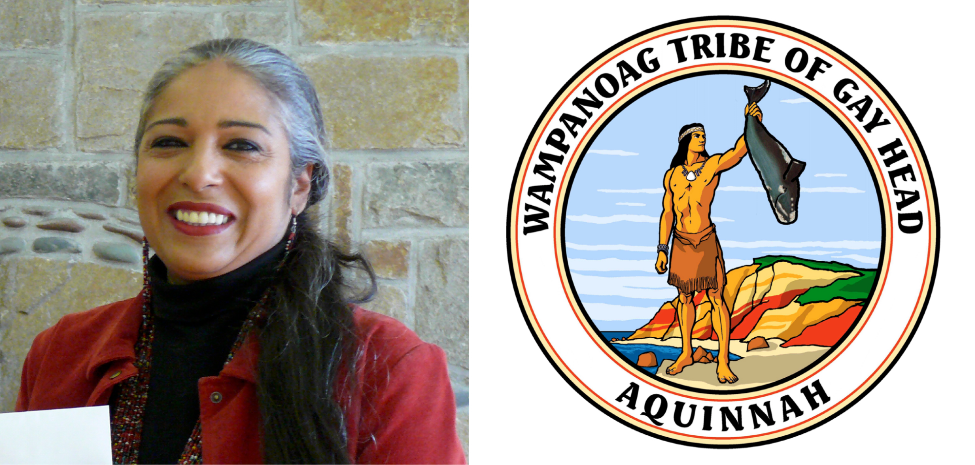 left, photo-portrait of a medium-skinned woman. right, the logo of the Wampanoag tribe of gay head.