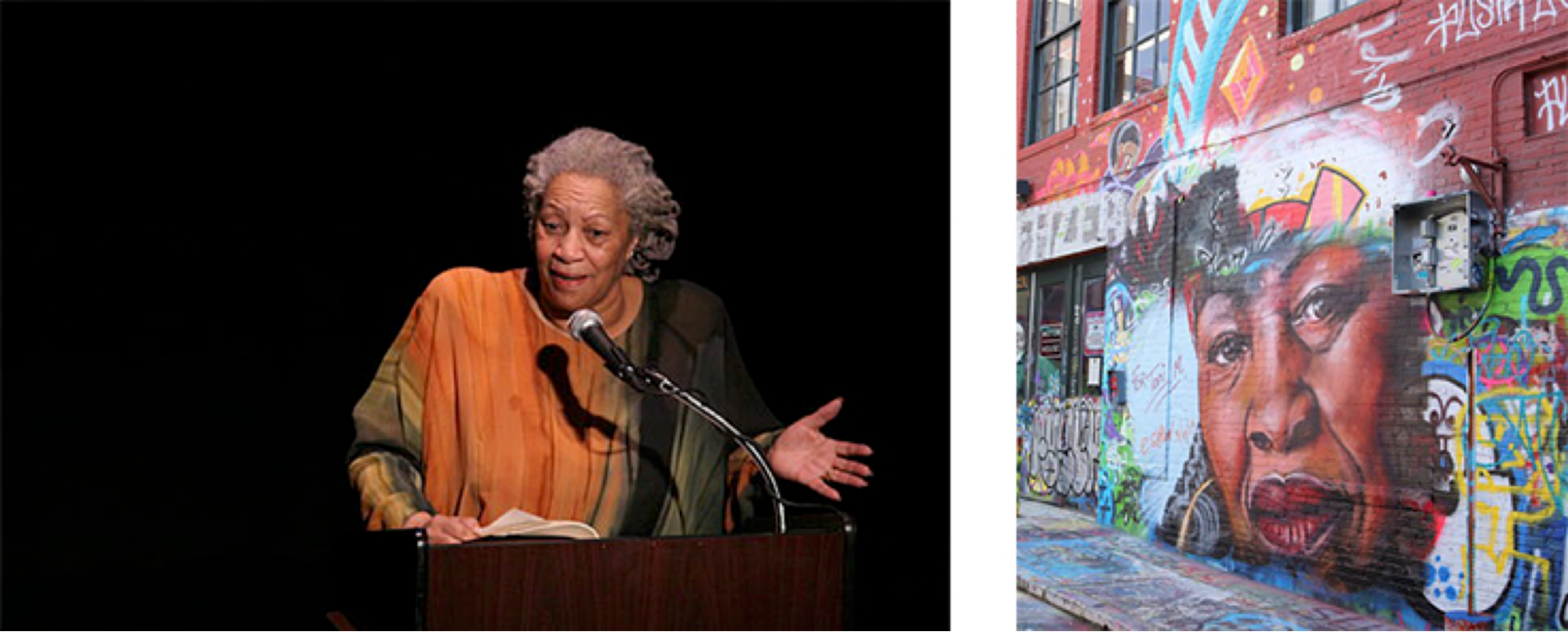 Left a woman of color with gray hair speaking at podium. Right a colorful mural of the same woman on a wall.