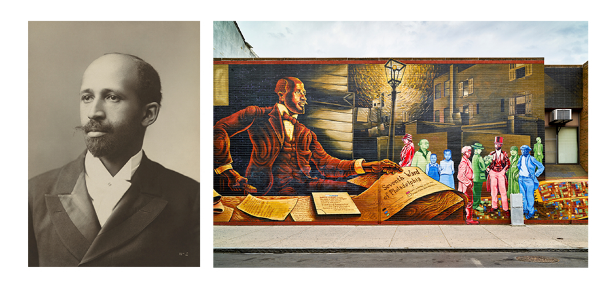 Left, a black and white portrait of a man in 1800-era clothing. Right, a mural of a man in 1800s-era clothing reading a large manuscript, in front of streetlights and city buildings, several people standing in the street.