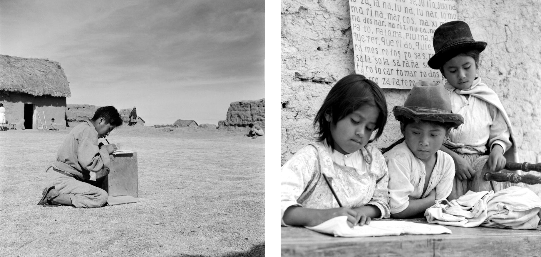 A Bolivian student writes at a makeshift desk outside. Three Bolivian students study outdoors.