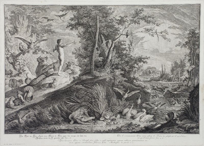 An elaborate black and white painting that shows a man standing on a clif, looking over trees and many animals