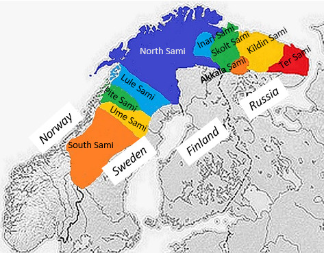 A map of Norway, Sweden, Finland, and Russia with the areas of the Sami territories highlighted, an arrow pointing from the Lule Sami to North Sami.