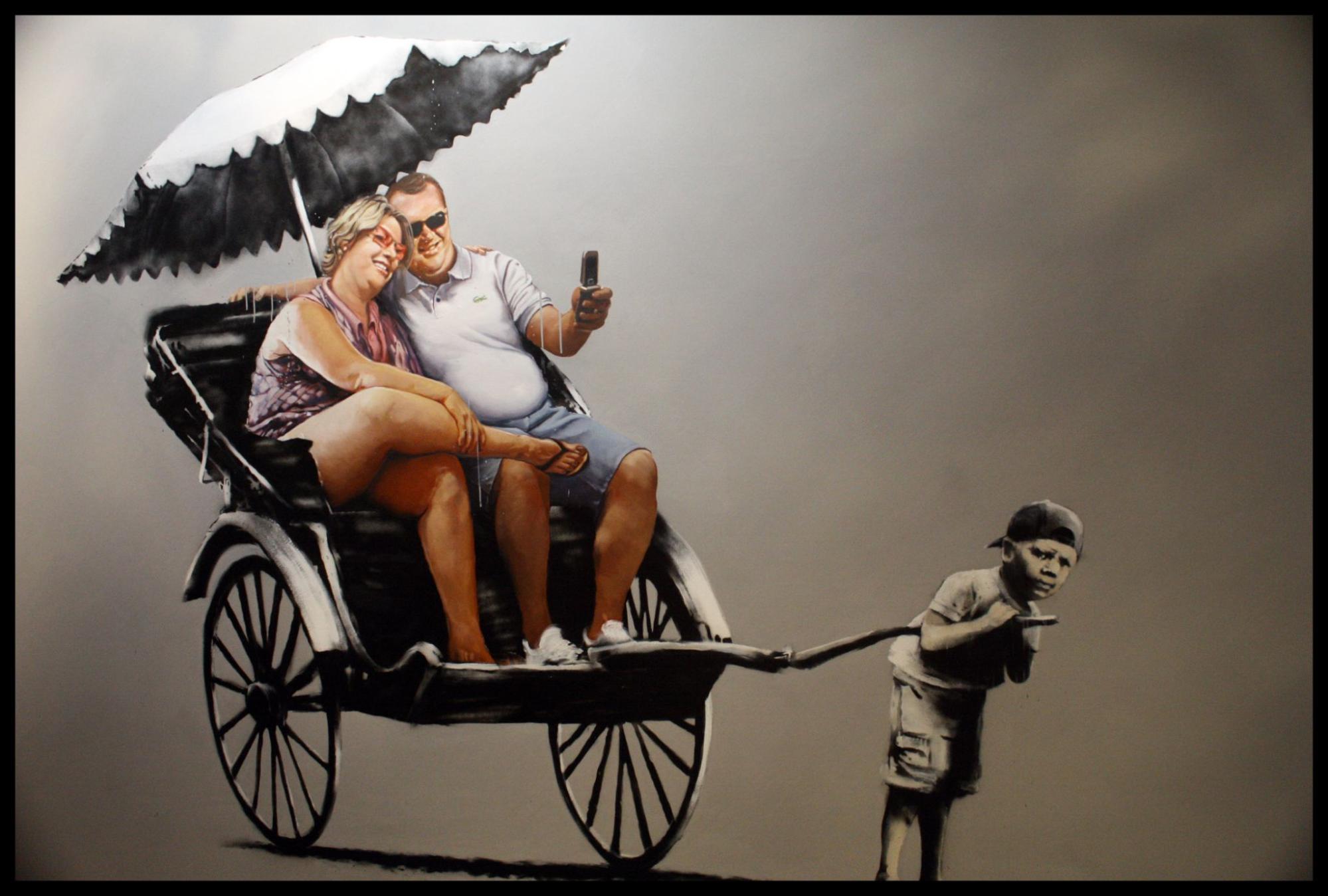 A middle aged, larger-set, light skinned couple painted in color contrasts with grayscale rickshaw and small male pulling them.