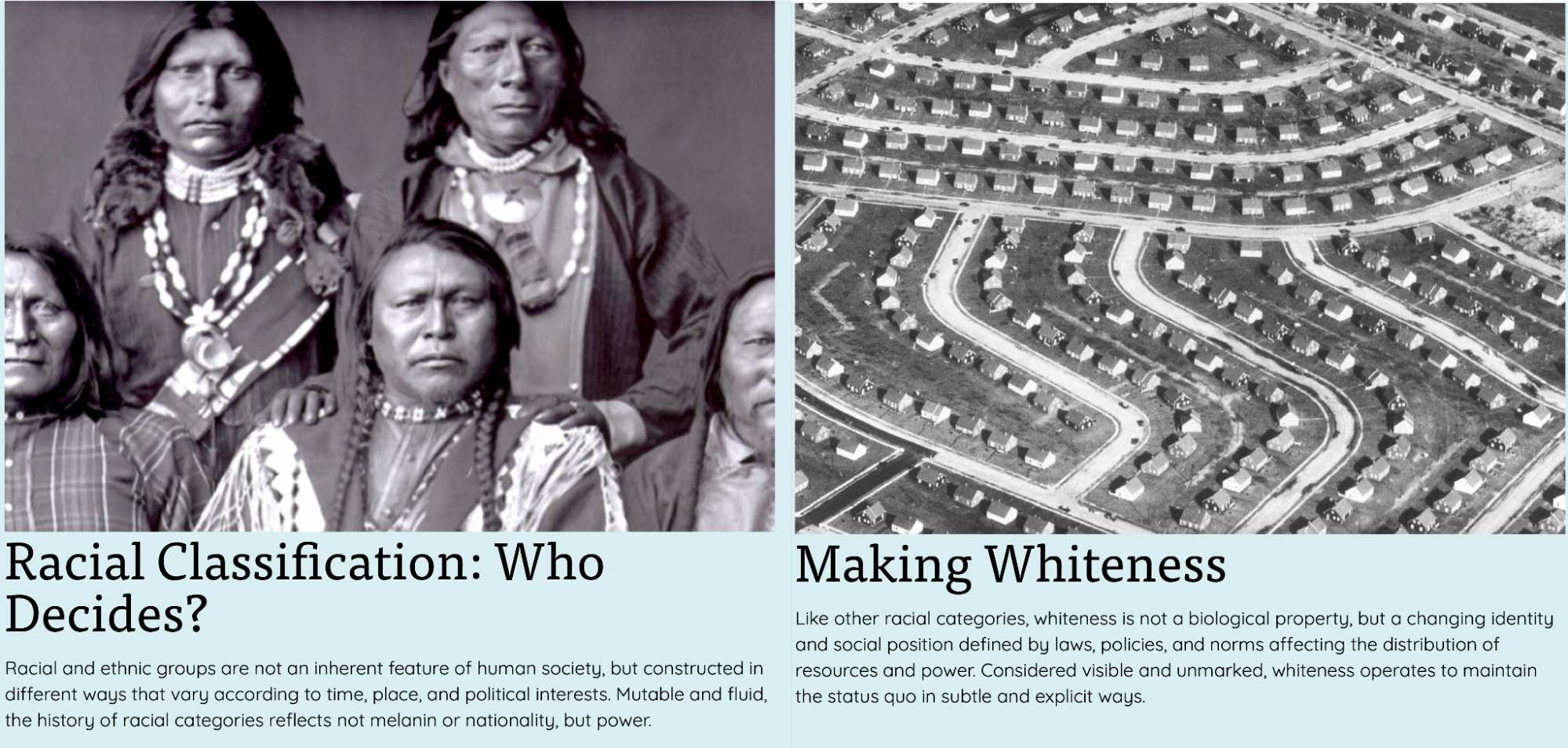 Left, a black and white, older photograph of five men in Native American clothing. Right, a birds-eye image of a suburb.