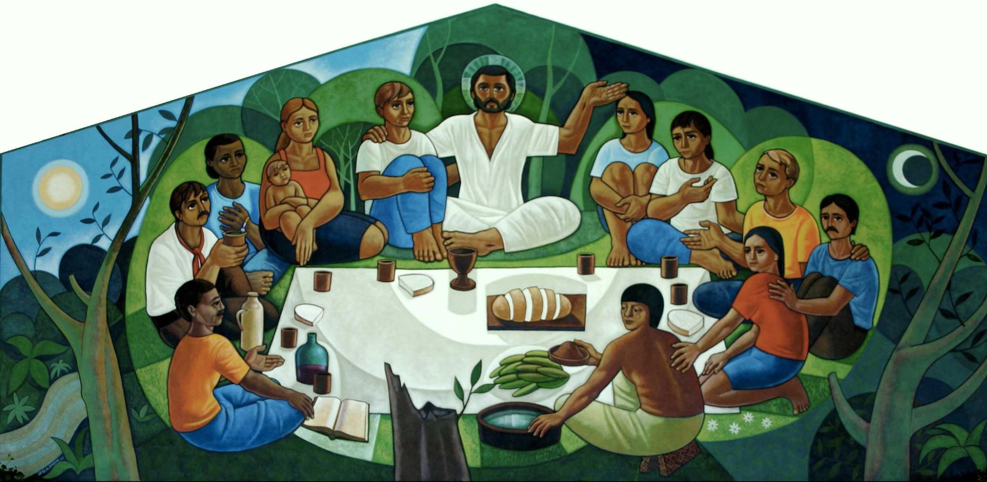 A painting that depicts Jesus at the Last Supper with ordinary people: children, women and men