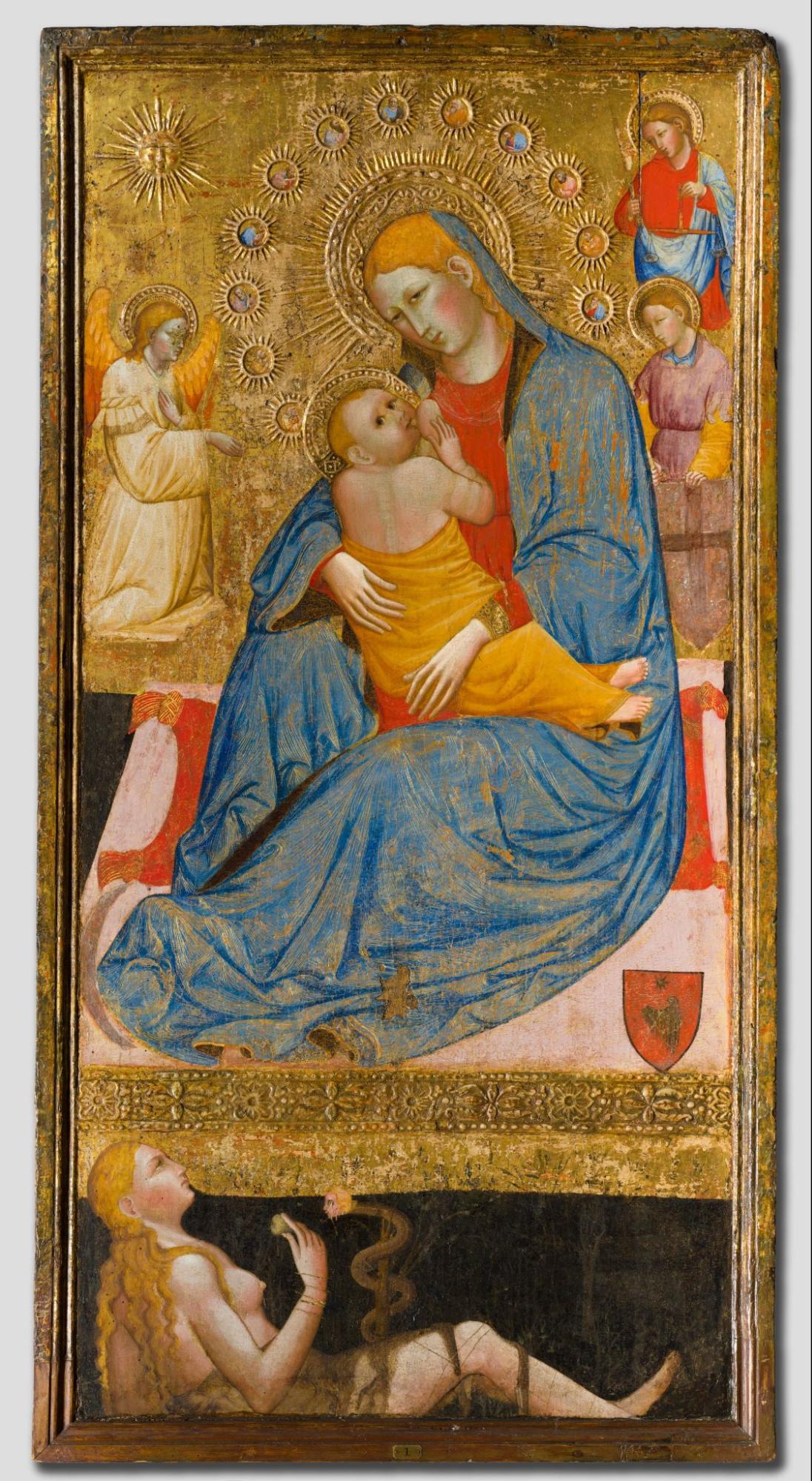 a painting with gold background, the Madonna and Jesus in the center. saints and an angel are looking over them. below them is a naked woman with a snake, lying horizontally, holding fruit.