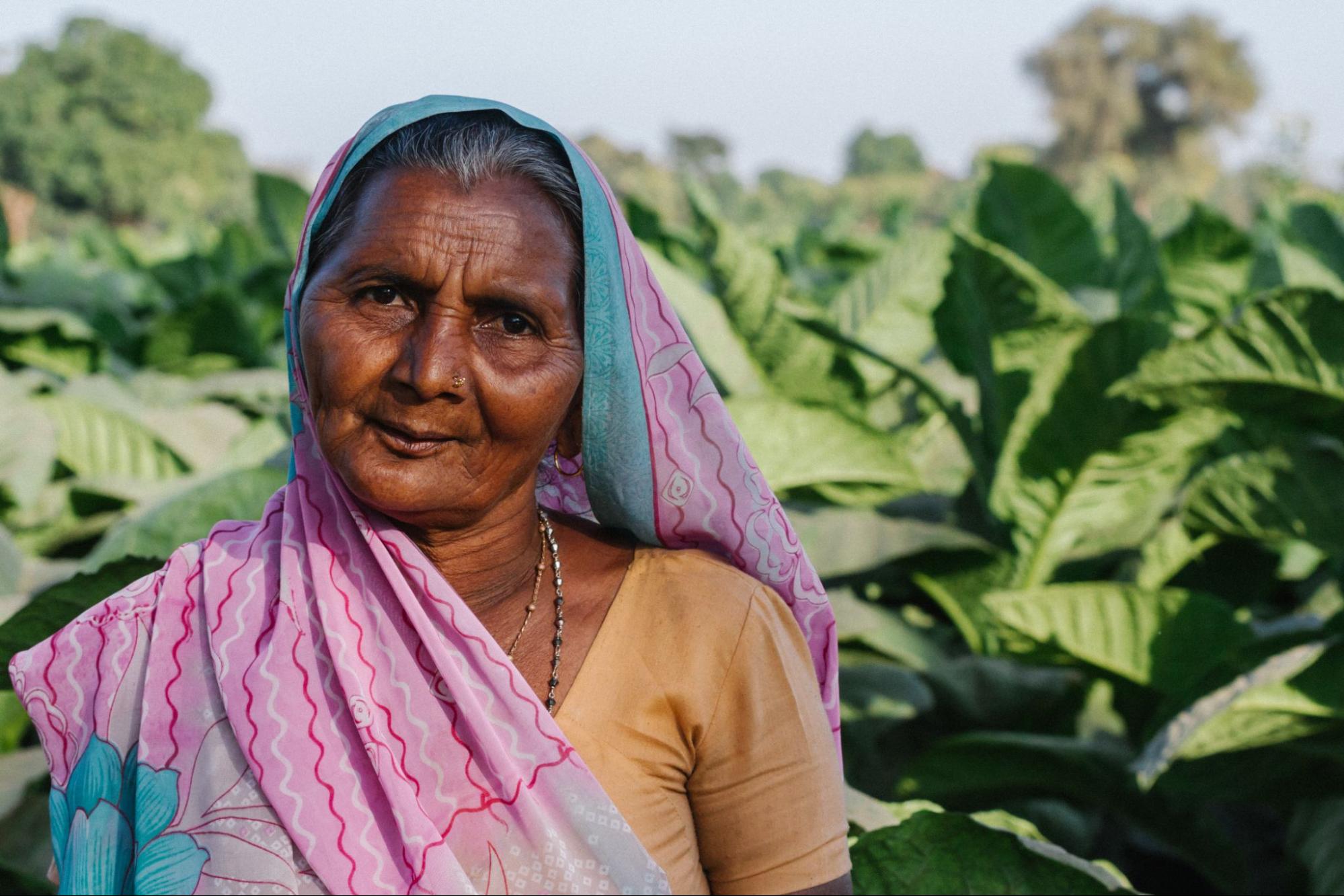 An older woman wearing clothing of India, stands in front of a very large outdoor plant
