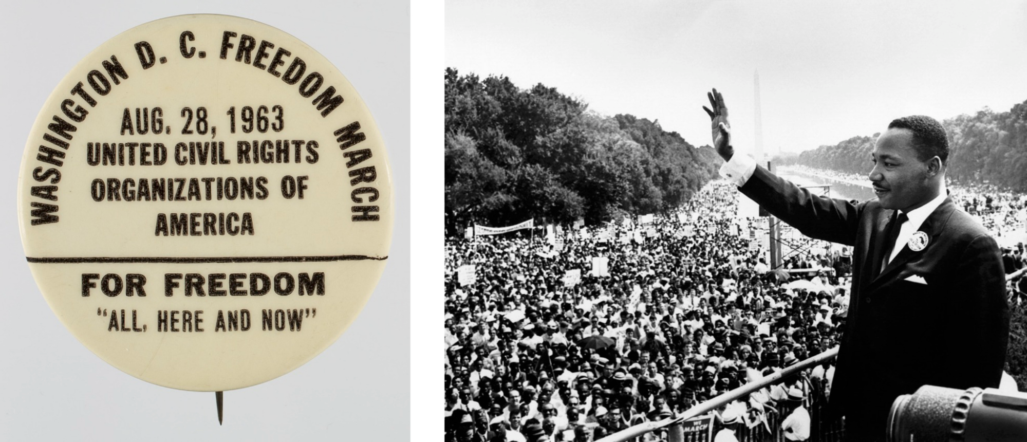 Round yellow button from the Washington DC Freedom March. Martin Luther King presents his "I have a dream" speech during the Freedom March in front of a large crowd.