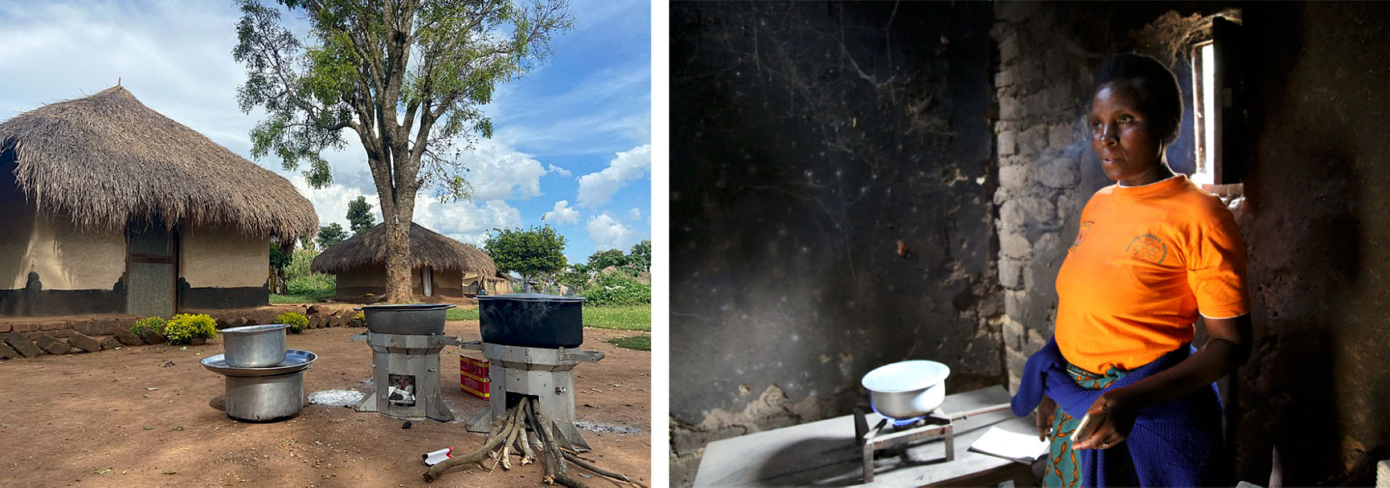 left, three stoves sit in front of a thatched roof house. right, a woman with dark skin stands inside her home beside a small stove.