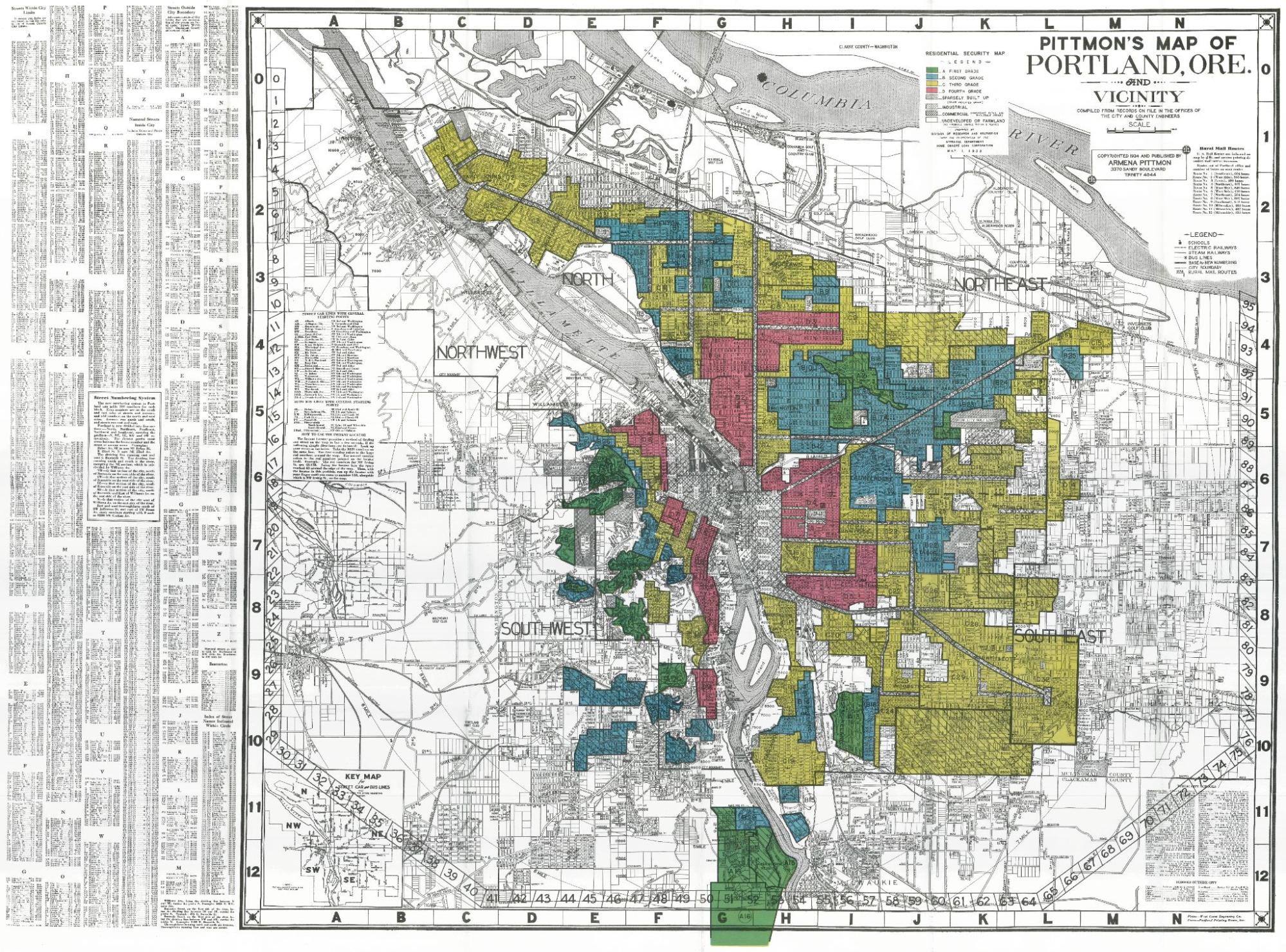 Historical redlining map of Portland, Oregon with color-coded areas.