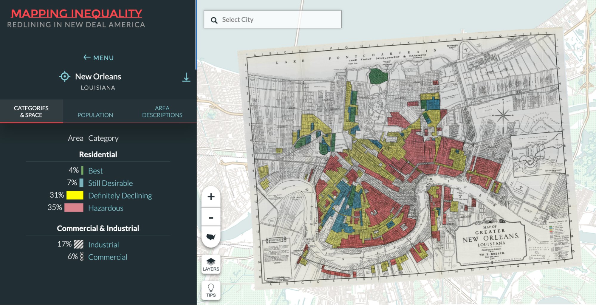 a screenshot of the mapping inequality site showing the redlined map of new orleans and the menu to the category information.